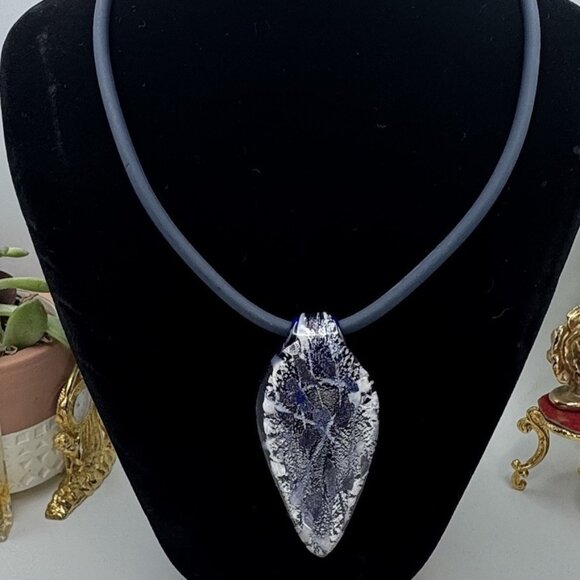 Vetri D'Arte Tear Drop Pendant Silver/Blue With Abstract Design Necklace Murano - Picture 1 of 6
